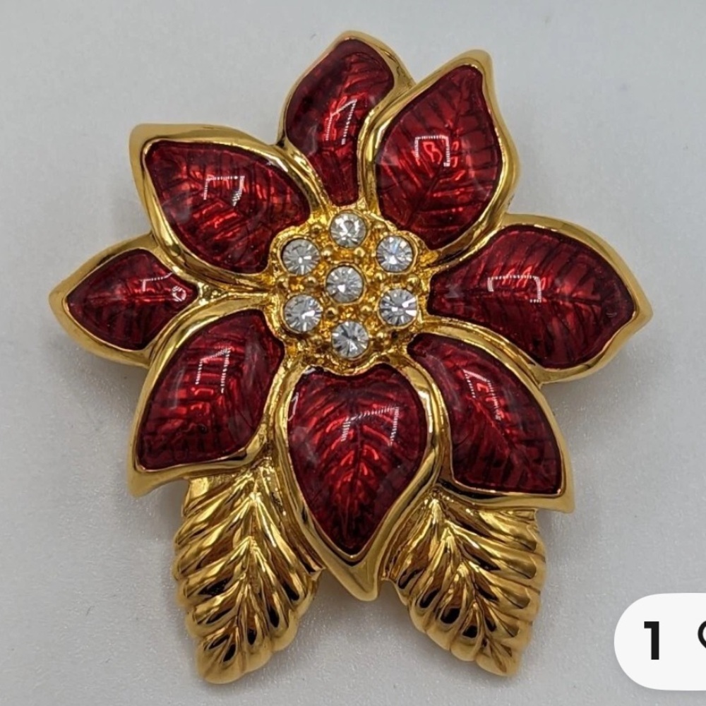 Monet Red and Gold Rhinestone Poinsettia Brooch